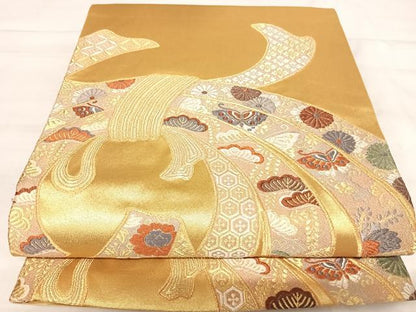 平和屋着物◎六通柄袋帯　唐織　熨斗能衣文　金糸　正絹　逸品　AABJ0788yx