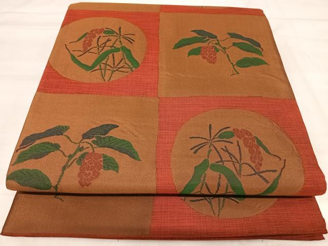 平和屋着物◎六通柄袋帯　雲母　市松花文　正絹　逸品　AABJ0796yx