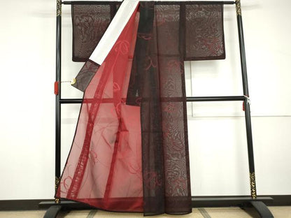 平和屋着物＊夏物　小紋　紗　枝花文　黒地　正絹　逸品　AABJ0804cs