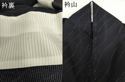 平和屋着物＊夏物　色無地　紗　よろけ縞　濃藍色　銀通し地　正絹　逸品　AABJ0805cs