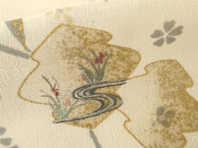 平和屋着物＊夏物　訪問着　紗　刺繍　流水舞花文　暈し染め　金彩　銀糸　ロング丈　正絹　逸品　AABJ0806cs