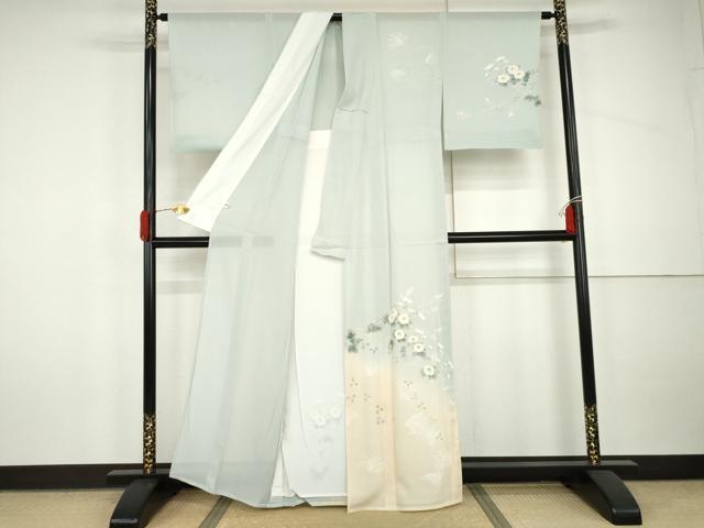 平和屋着物＊夏物　訪問着　絽　手描き　枝花文　暈し染め　正絹　逸品　AABJ0809cs