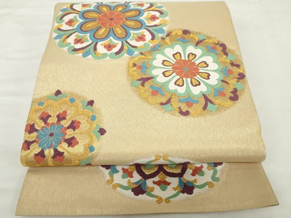平和屋着物▼全通柄袋帯　正倉院花文　金糸　正絹　逸品　AABJ0835cs