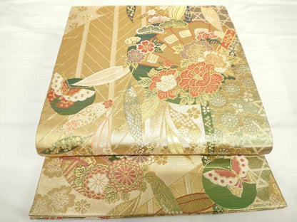 平和屋着物▼六通柄袋帯　檜扇花蝶文　金糸　正絹　逸品　AABJ0860cs