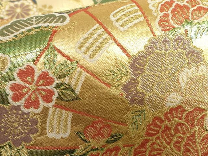 平和屋着物▼六通柄袋帯　檜扇花蝶文　金糸　正絹　逸品　AABJ0860cs