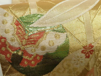 平和屋着物▼六通柄袋帯　檜扇花蝶文　金糸　正絹　逸品　AABJ0860cs