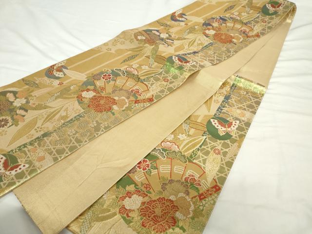 平和屋着物▼六通柄袋帯　檜扇花蝶文　金糸　正絹　逸品　AABJ0860cs