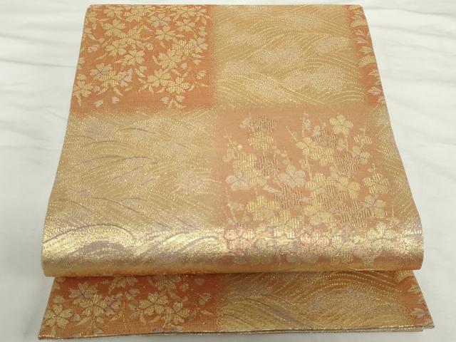 平和屋着物▼六通柄袋帯　立波桜市松文　金糸　鈴乃屋扱い　正絹　逸品　AABJ0861cs