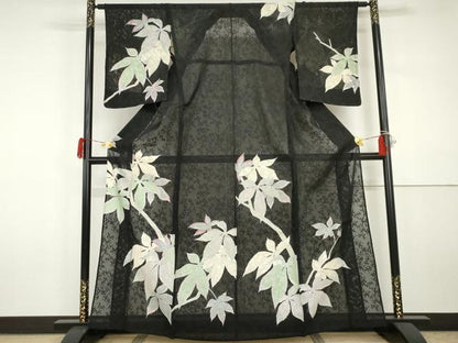 平和屋着物＊夏物　訪問着　枝花紋紗　枝葉文　黒地　銀彩　正絹　逸品　未使用　AABJ0877cs