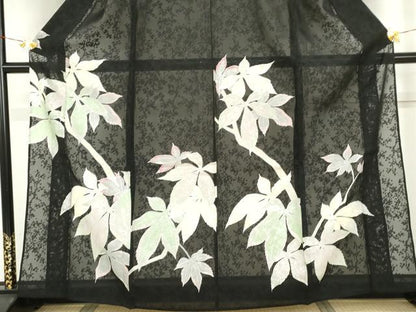 平和屋着物＊夏物　訪問着　枝花紋紗　枝葉文　黒地　銀彩　正絹　逸品　未使用　AABJ0877cs