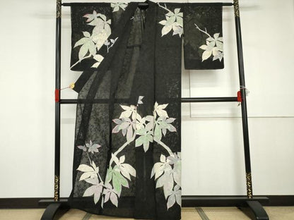 平和屋着物＊夏物　訪問着　枝花紋紗　枝葉文　黒地　銀彩　正絹　逸品　未使用　AABJ0877cs