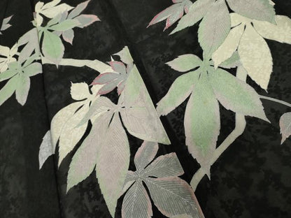平和屋着物＊夏物　訪問着　枝花紋紗　枝葉文　黒地　銀彩　正絹　逸品　未使用　AABJ0877cs