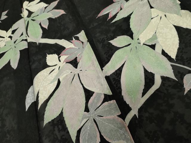 平和屋着物＊夏物　訪問着　枝花紋紗　枝葉文　黒地　銀彩　正絹　逸品　未使用　AABJ0877cs