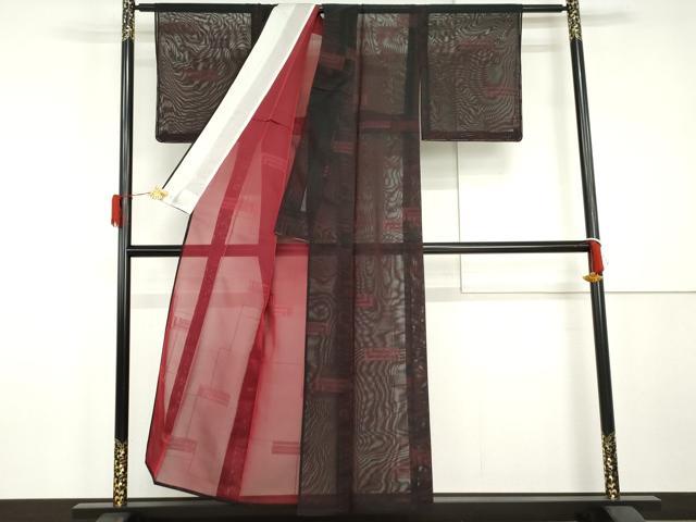 平和屋着物＊夏物　小紋　紗　幾何学格子　黒地　正絹　逸品　未使用　AABJ0885cs
