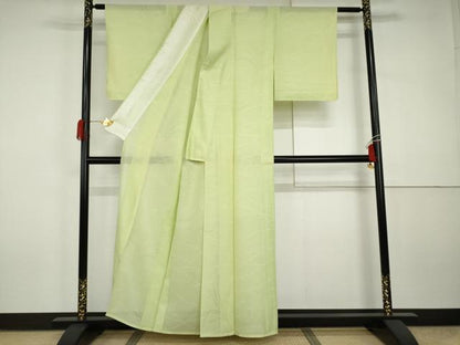 平和屋着物＊夏物　色無地　絽　薄紋紗　若葉色　正絹　逸品　AABJ0892cs