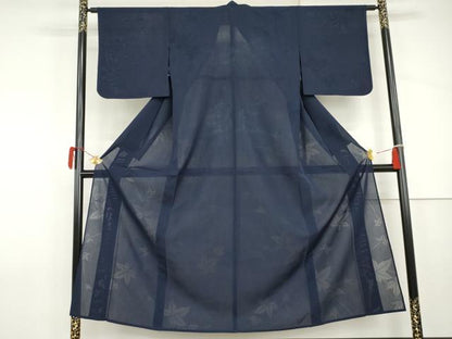平和屋着物＊夏物　色無地　楓紋紗　紺青色　正絹　逸品　AABJ0902cs