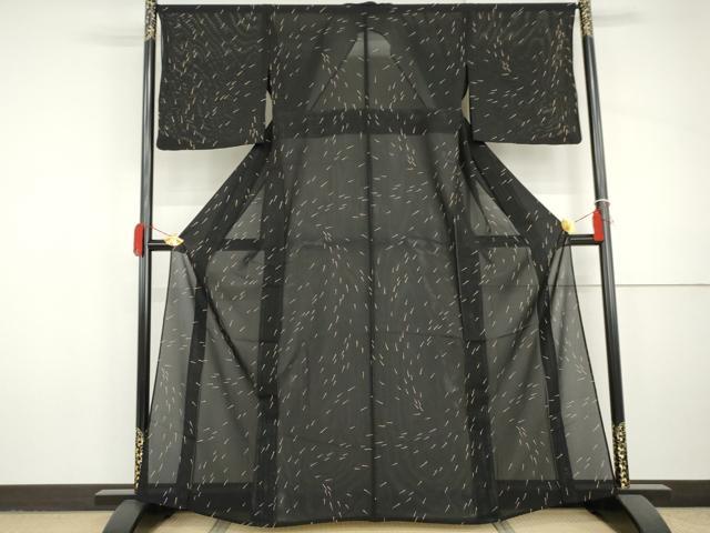 平和屋着物＊夏物　小紋　絽　メダカ　黒地　正絹　逸品　AABJ0907cs