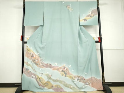 平和屋着物●訪問着　駒刺繍　道長草花文　暈し染め　金彩　正絹　逸品　AABJ0916cs