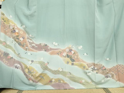 平和屋着物●訪問着　駒刺繍　道長草花文　暈し染め　金彩　正絹　逸品　AABJ0916cs