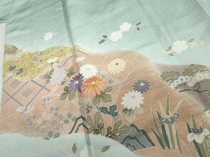 平和屋着物●訪問着　駒刺繍　道長草花文　暈し染め　金彩　正絹　逸品　AABJ0916cs