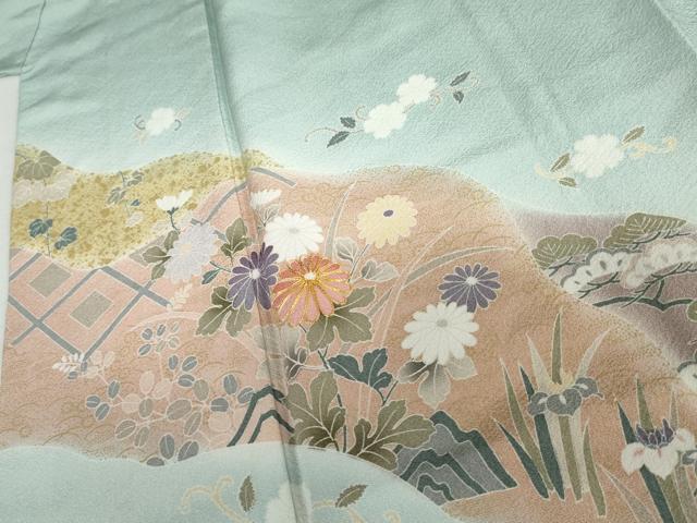 平和屋着物●訪問着　駒刺繍　道長草花文　暈し染め　金彩　正絹　逸品　AABJ0916cs