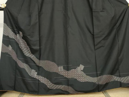 平和屋着物●本場大島紬　訪問着　刺子　刺繍　源氏香　黒地　正絹　逸品　AABJ0917cs