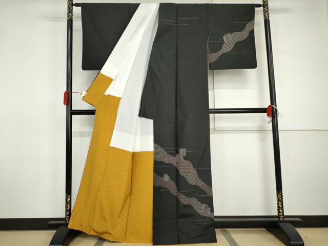 平和屋着物●本場大島紬　訪問着　刺子　刺繍　源氏香　黒地　正絹　逸品　AABJ0917cs