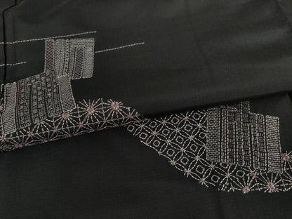 平和屋着物●本場大島紬　訪問着　刺子　刺繍　源氏香　黒地　正絹　逸品　AABJ0917cs