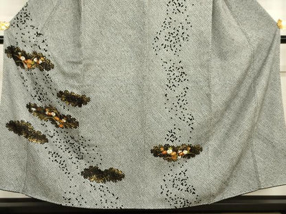 平和屋着物●訪問着　総絞り　刺繍　草花文　黒地　金糸　金彩　正絹　逸品　AABJ0918cs
