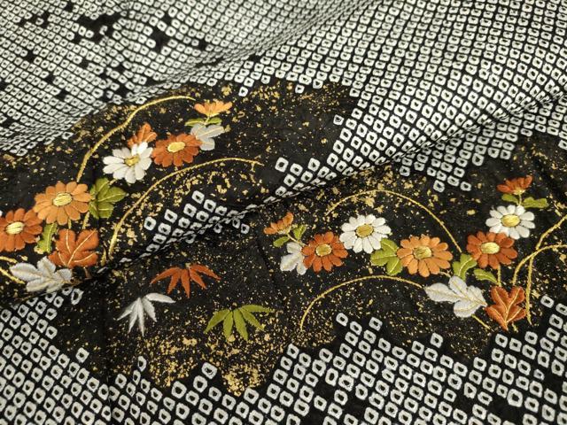 平和屋着物●訪問着　総絞り　刺繍　草花文　黒地　金糸　金彩　正絹　逸品　AABJ0918cs