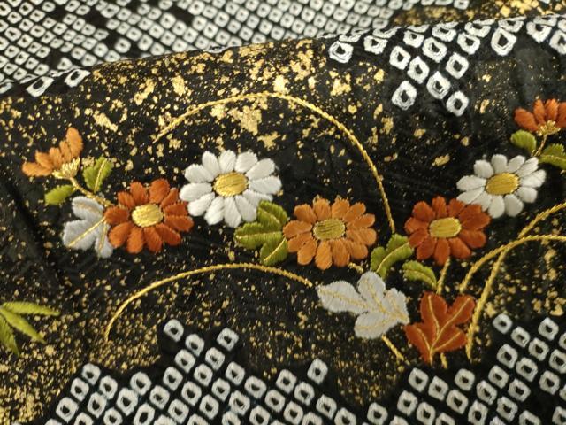 平和屋着物●訪問着　総絞り　刺繍　草花文　黒地　金糸　金彩　正絹　逸品　AABJ0918cs