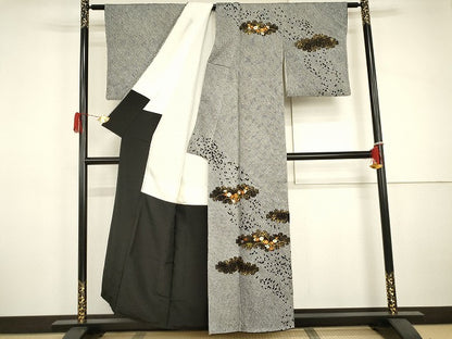 平和屋着物●訪問着　総絞り　刺繍　草花文　黒地　金糸　金彩　正絹　逸品　AABJ0918cs