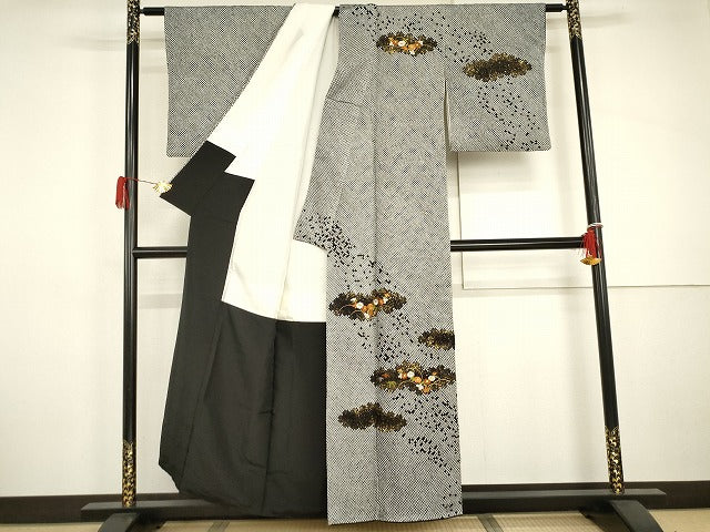 平和屋着物●訪問着　総絞り　刺繍　草花文　黒地　金糸　金彩　正絹　逸品　AABJ0918cs