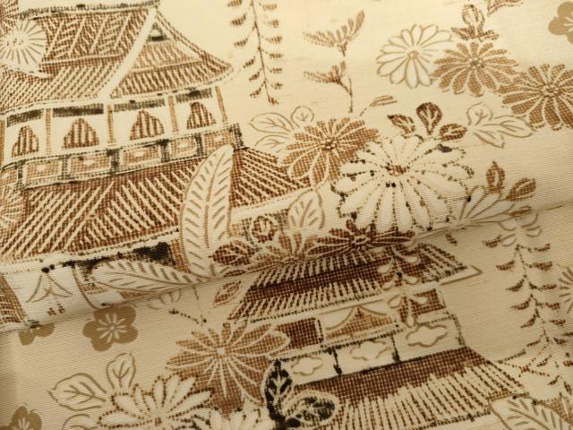 平和屋着物●訪問着　紬地　風景草花文　正絹　逸品　AABJ0921cs