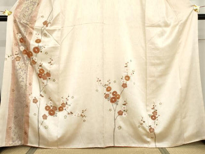 平和屋着物●訪問着　駒刺繍　杢目絞り　枝梅　金彩　正絹　逸品　AABJ0922cs