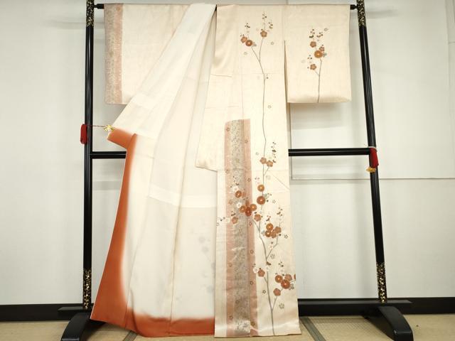 平和屋着物●訪問着　駒刺繍　杢目絞り　枝梅　金彩　正絹　逸品　AABJ0922cs