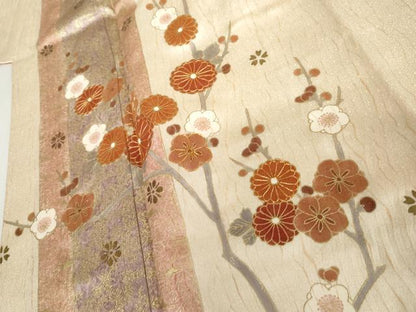 平和屋着物●訪問着　駒刺繍　杢目絞り　枝梅　金彩　正絹　逸品　AABJ0922cs