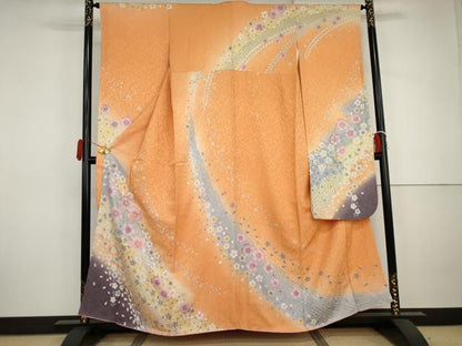 平和屋着物●豪華振袖　駒刺繍　流水舞花文　暈し染め　金銀彩　銀通し地　正絹　逸品　AABJ0925cs
