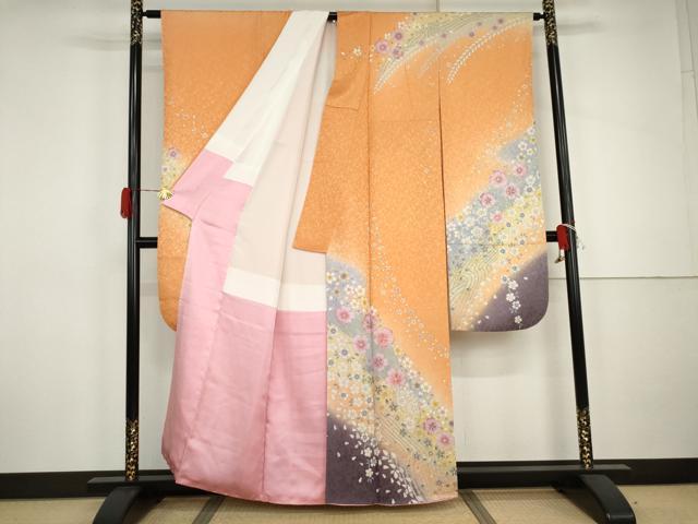 平和屋着物●豪華振袖　駒刺繍　流水舞花文　暈し染め　金銀彩　銀通し地　正絹　逸品　AABJ0925cs