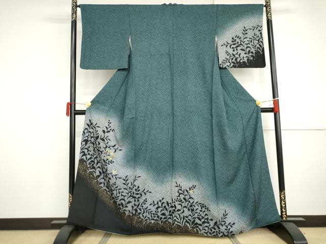 平和屋着物●訪問着　刺繍　枝葉丸文　枝葉シルエット　暈し染め　金糸　金彩　正絹　逸品　AABJ0937cs