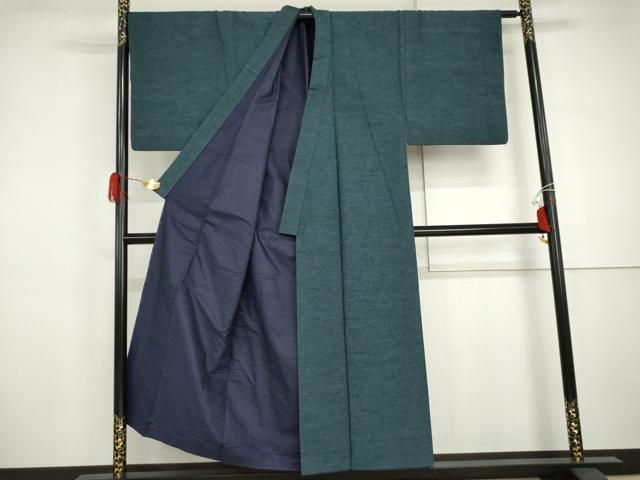 平和屋着物●男性　紬　色無地　青藍色　正絹　逸品　AABJ0942cs