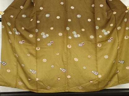 平和屋着物●訪問着　更紗花蝶丸文　暈し染め　金彩　金通し地　正絹　逸品　AABJ0948cs