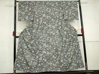 平和屋着物●上質な小紋　更紗花鳥文　黒地　金銀彩　正絹　逸品　AABJ0951cs