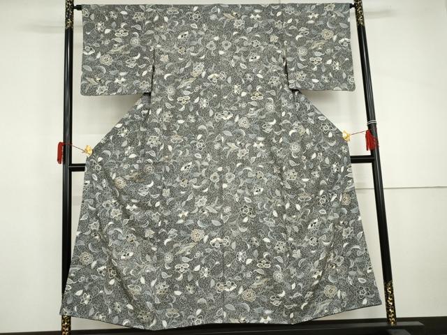 平和屋着物●上質な小紋　更紗花鳥文　黒地　金銀彩　正絹　逸品　AABJ0951cs