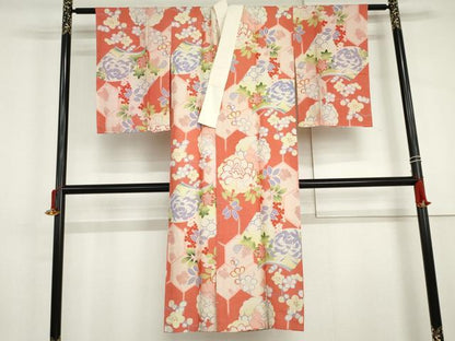 平和屋着物●セミアンティーク　長襦袢　袷　冊子草花文　正絹　逸品　AABJ0953cs