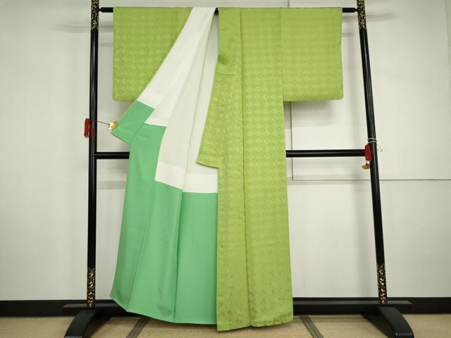 平和屋着物●上質な色無地　菱地紋　浅緑色　正絹　逸品　AABJ0954cs
