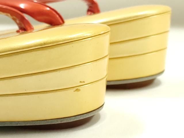 平和屋着物▼和装小物　和装草履　金鷲本舗 東京謹製 キンワシ印　エナメル　黄×朱　本革製品　逸品　未使用　AABJ0985ay