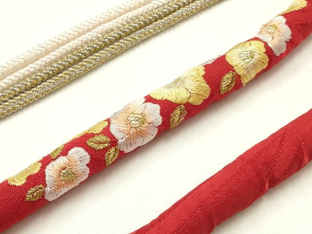 平和屋着物●和装小物　振袖用帯締め　丸ぐけ　刺繍　椿　小田巻　金銀糸　逸品　AABJ1052ay