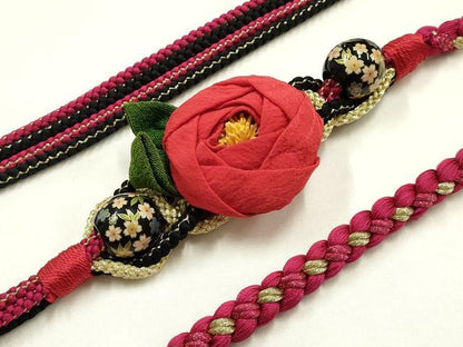 平和屋着物●和装小物　振袖用帯締め　装飾　ちりめん細工　椿　飾り玉　金糸　逸品　AABJ1070ay