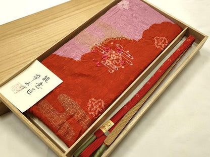 平和屋本店●和装小物　帯締め・帯揚げセット　高麗組　絞り　刺繍　霞花文　金糸　金彩　逸品　未使用　AABJ1121ay